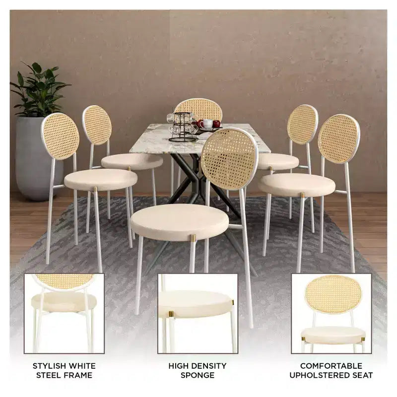 LeisureMod Euston Velvet Rattan Open Back Dining Chairs Set of 4  Stainless Steel Base, Comfortable Modern Seating for Kitchen, Dining Room, Cafe