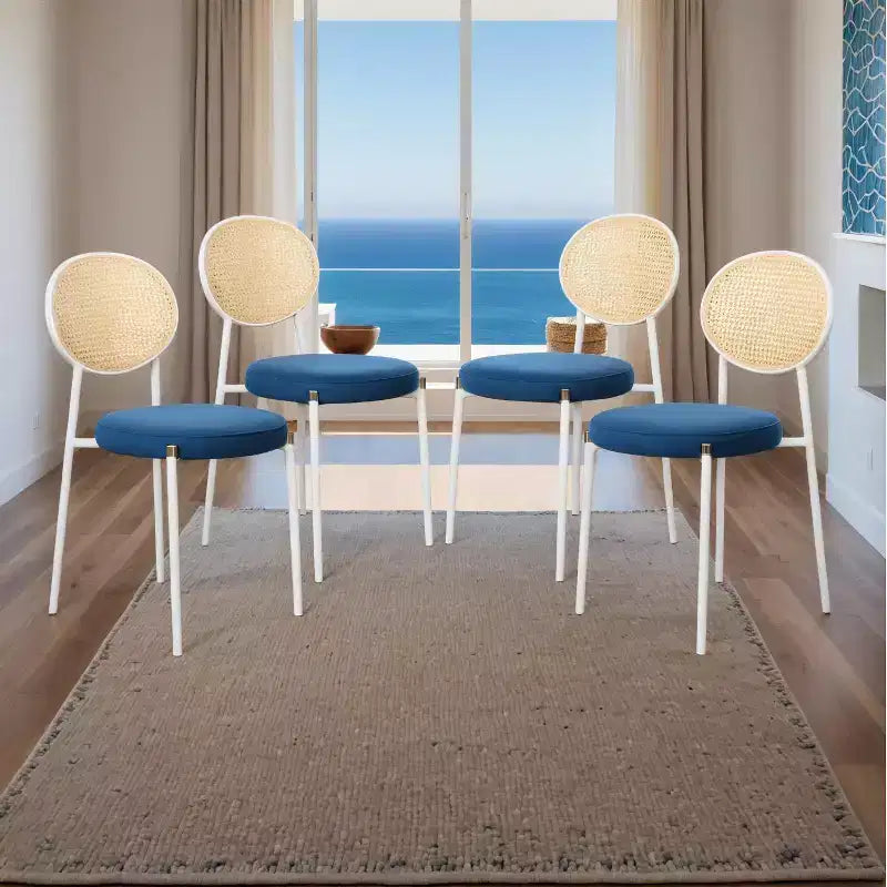 LeisureMod Euston Velvet Rattan Open Back Dining Chairs Set of 4  Stainless Steel Base, Comfortable Modern Seating for Kitchen, Dining Room, Cafe