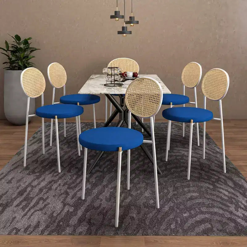 LeisureMod Euston Velvet Rattan Open Back Dining Chairs Set of 4  Stainless Steel Base, Comfortable Modern Seating for Kitchen, Dining Room, Cafe
