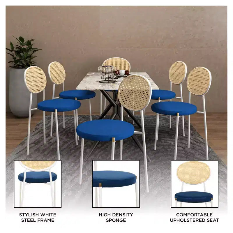 LeisureMod Euston Velvet Rattan Open Back Dining Chairs Set of 4  Stainless Steel Base, Comfortable Modern Seating for Kitchen, Dining Room, Cafe