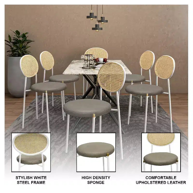 LeisureMod Euston Velvet Rattan Open Back Dining Chairs Set of 4  Stainless Steel Base, Comfortable Modern Seating for Kitchen, Dining Room, Cafe