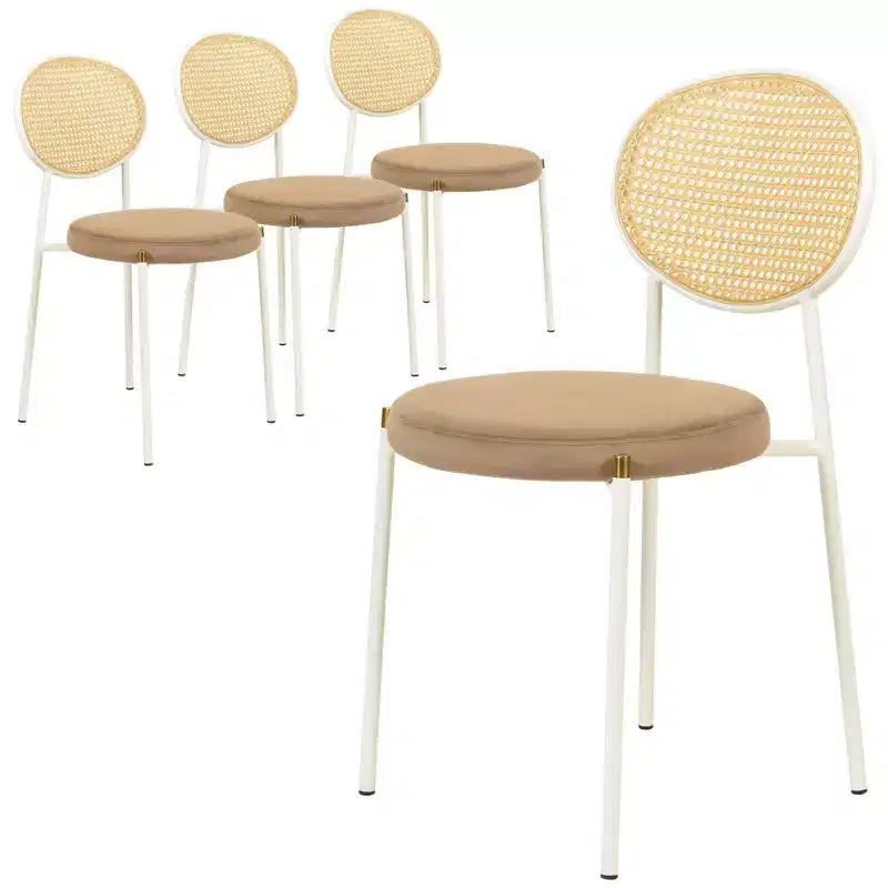 LeisureMod Euston Velvet Rattan Open Back Dining Chairs Set of 4  Stainless Steel Base, Comfortable Modern Seating for Kitchen, Dining Room, Cafe