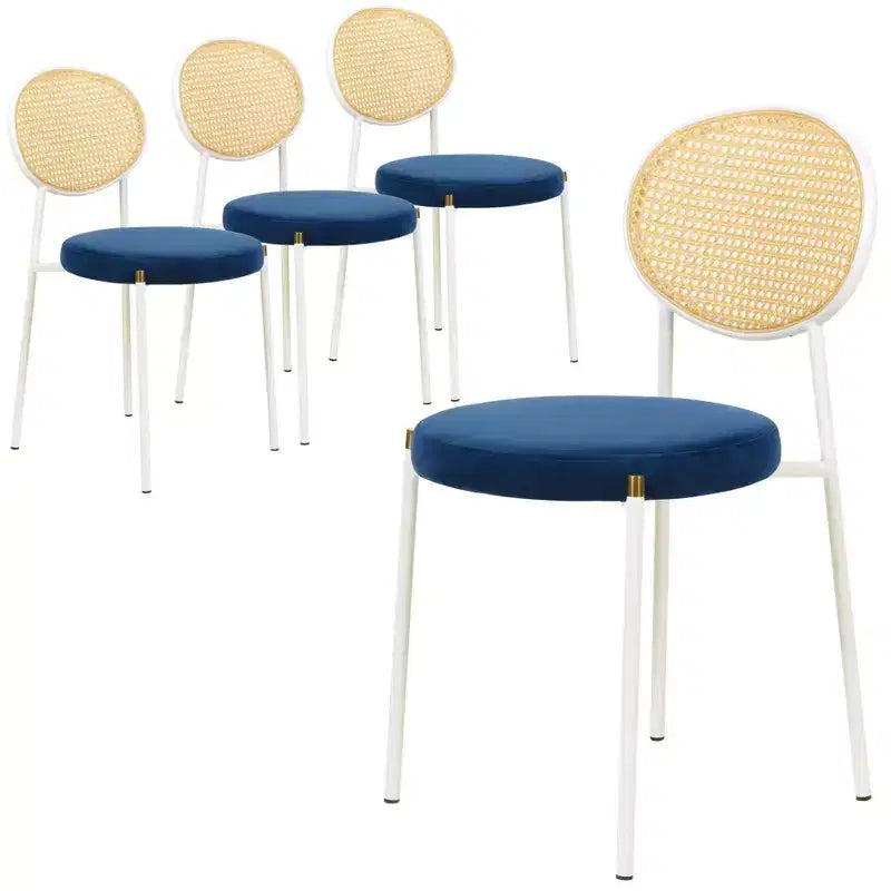LeisureMod Euston Velvet Rattan Open Back Dining Chairs Set of 4  Stainless Steel Base, Comfortable Modern Seating for Kitchen, Dining Room, Cafe