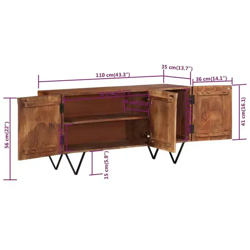 vidaXL Solid Mango Wood Sideboard with V-Shaped Steel Legs - Spacious Rustic Cabinet for Living Room, Lounge Area