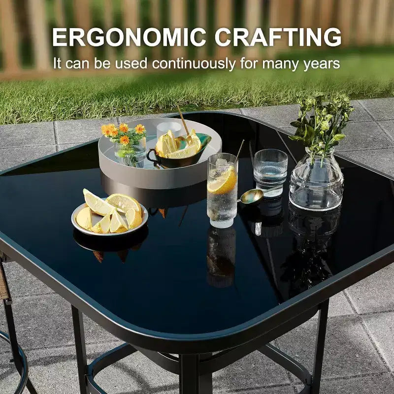 Acekool Patio Bar Height Table, Square Tempered Glass Top Outdoor Pub Bistro Table, High Top Patio Side Table for Balcony Backyard Poolside Garden