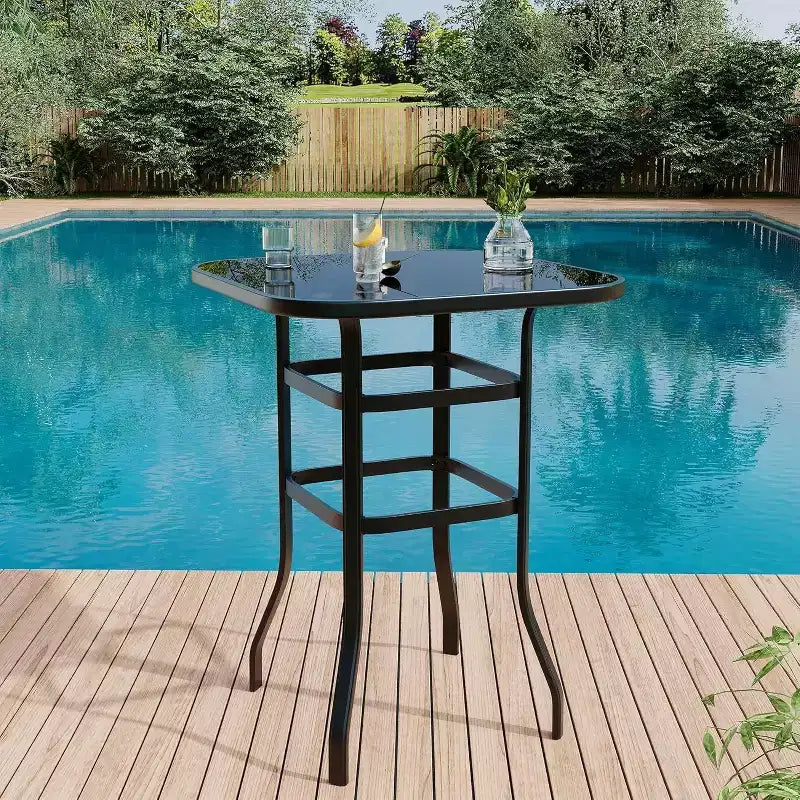 Acekool Patio Bar Height Table, Square Tempered Glass Top Outdoor Pub Bistro Table, High Top Patio Side Table for Balcony Backyard Poolside Garden