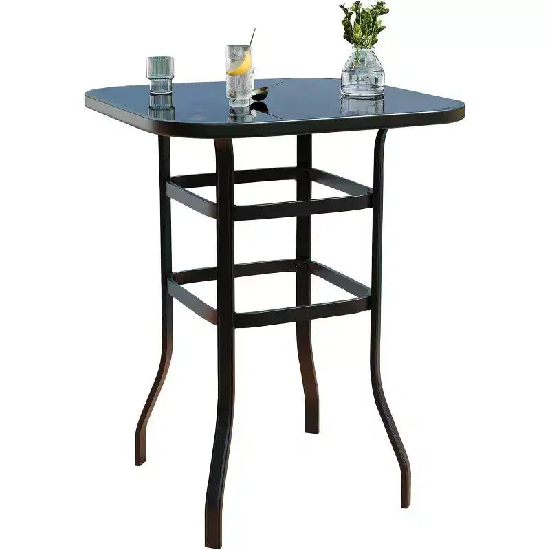 Acekool Patio Bar Height Table, Square Tempered Glass Top Outdoor Pub Bistro Table, High Top Patio Side Table for Balcony Backyard Poolside Garden