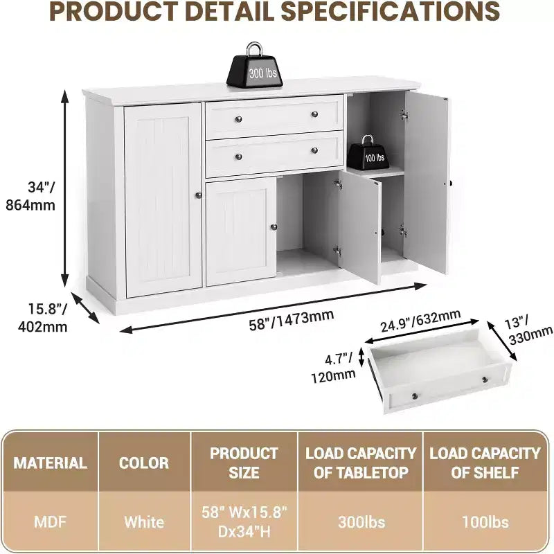 GustoWave 58 Inch Sideboard with 4 Doors and 2 Drawers