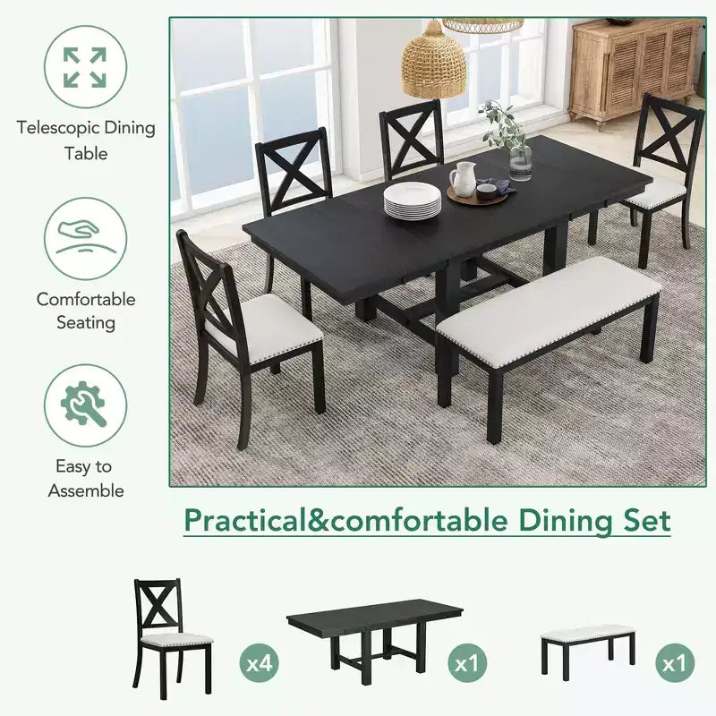 HABITRIO 6 Piece Extendable Dining Table Set for 6, Farmhouse Dining Set with 4 Upholstered Dining Chairs, Bench & 2 Removable Leaves, Natural/Black