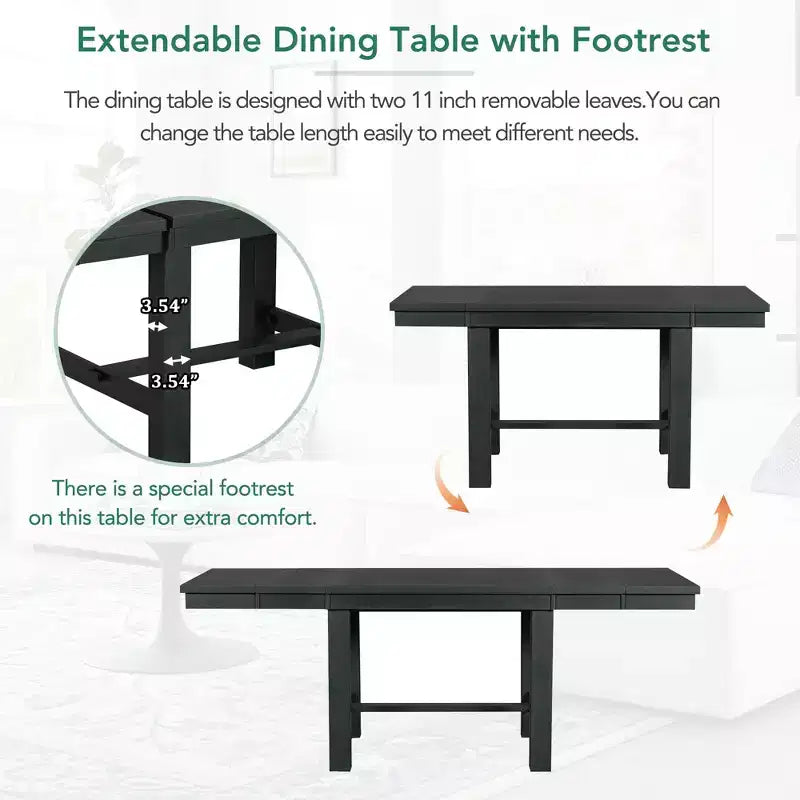 HABITRIO 6 Piece Extendable Dining Table Set for 6, Farmhouse Dining Set with 4 Upholstered Dining Chairs, Bench & 2 Removable Leaves, Natural/Black