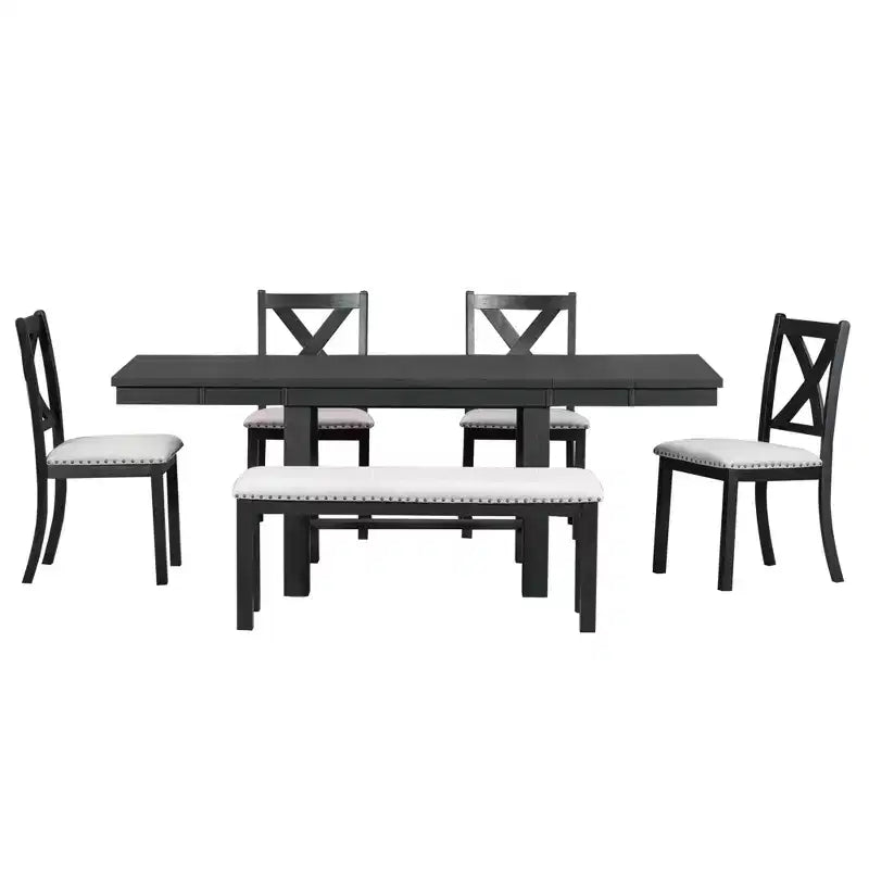 HABITRIO 6 Piece Extendable Dining Table Set for 6, Farmhouse Dining Set with 4 Upholstered Dining Chairs, Bench & 2 Removable Leaves, Natural/Black