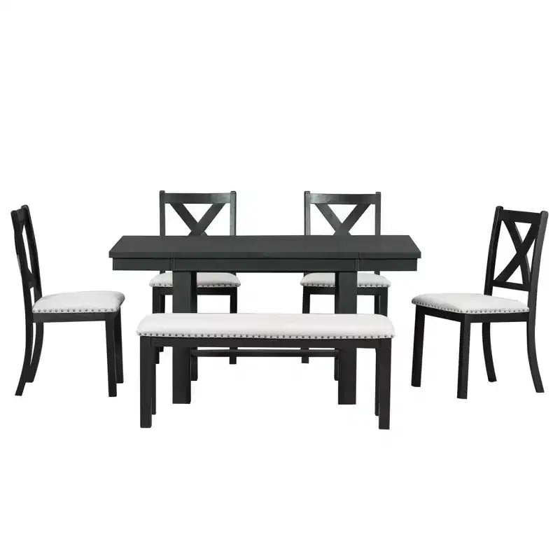 HABITRIO 6 Piece Extendable Dining Table Set for 6, Farmhouse Dining Set with 4 Upholstered Dining Chairs, Bench & 2 Removable Leaves, Natural/Black