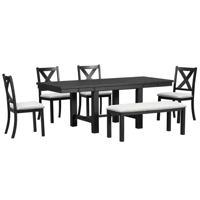 HABITRIO 6 Piece Extendable Dining Table Set for 6, Farmhouse Dining Set with 4 Upholstered Dining Chairs, Bench & 2 Removable Leaves, Natural/Black