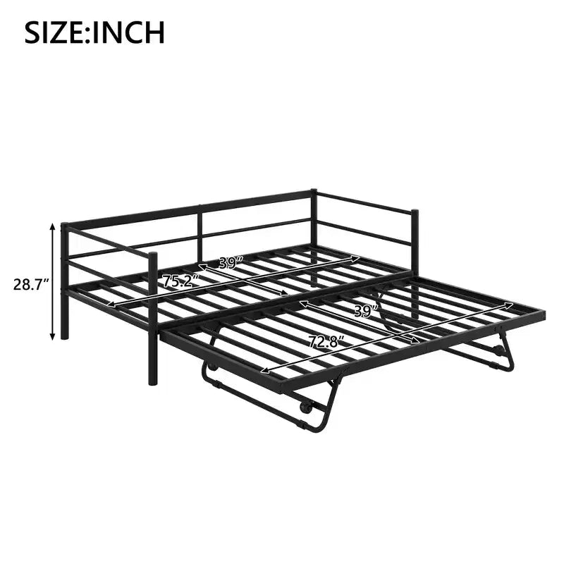 ModernLuxe Twin Size Metal Daybed with LED Lights & Adjustable Pop-Up Trundle, 350LBS Capacity, No Spring Box Needed, Black/White