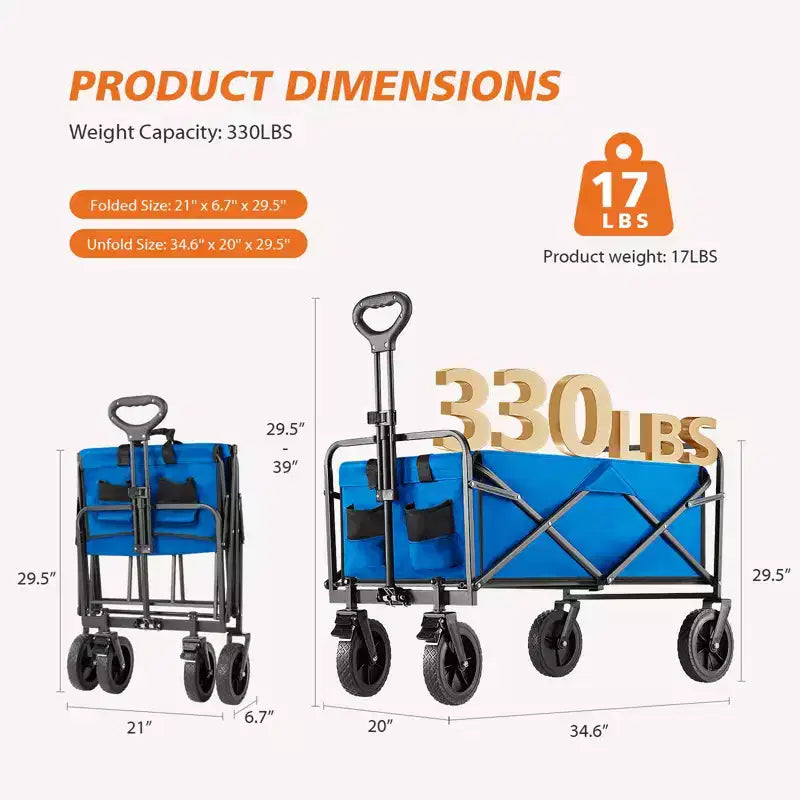 Besiter Wagon Cart, Collapsible Wagon Cart with 2 Cup Holders, Portable Utility Wagon with Adjustable Handbar for Camping, Shopping, Outdoor