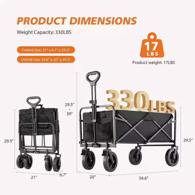 Besiter Wagon Cart, Collapsible Wagon Cart with 2 Cup Holders, Portable Utility Wagon with Adjustable Handbar for Camping, Shopping, Outdoor
