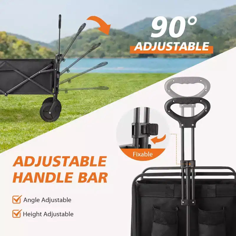 Besiter Wagon Cart, Collapsible Wagon Cart with 2 Cup Holders, Portable Utility Wagon with Adjustable Handbar for Camping, Shopping, Outdoor