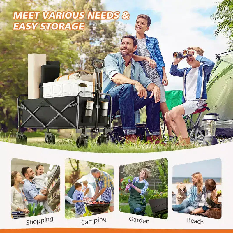 Besiter Wagon Cart, Collapsible Wagon Cart with 2 Cup Holders, Portable Utility Wagon with Adjustable Handbar for Camping, Shopping, Outdoor