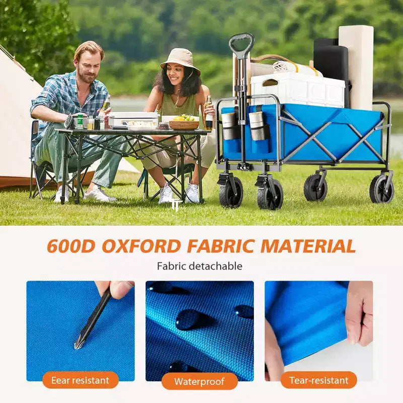 Besiter Wagon Cart, Collapsible Wagon Cart with 2 Cup Holders, Portable Utility Wagon with Adjustable Handbar for Camping, Shopping, Outdoor