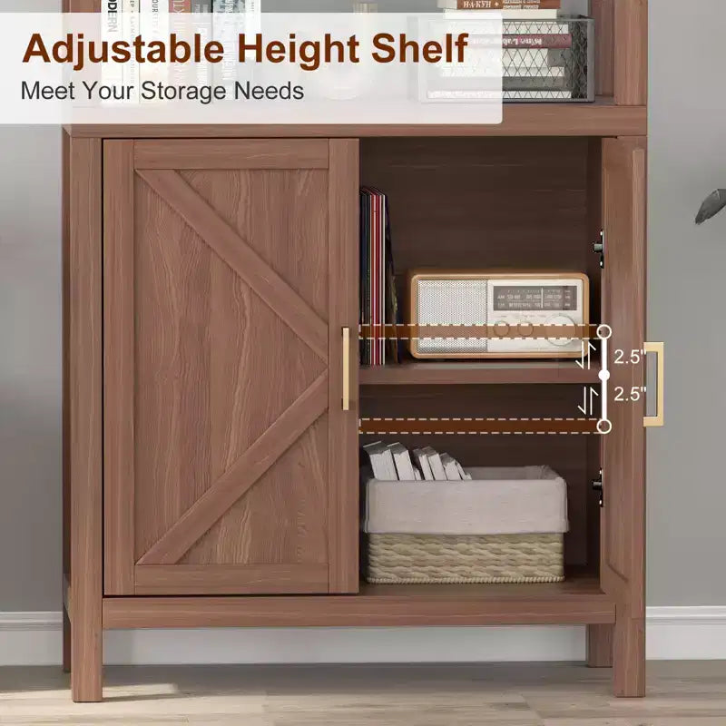 GustoWave Tier Bookshelf with Drawer, Large Farmhouse Display Book Shelf with Adjustable Shelves and Storage Cabinet, Library Wood Bookshelves,Brown