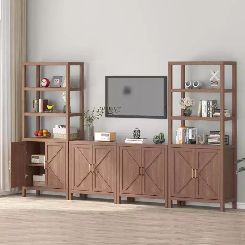GustoWave Tier Bookshelf with Drawer, Large Farmhouse Display Book Shelf with Adjustable Shelves and Storage Cabinet, Library Wood Bookshelves,Brown