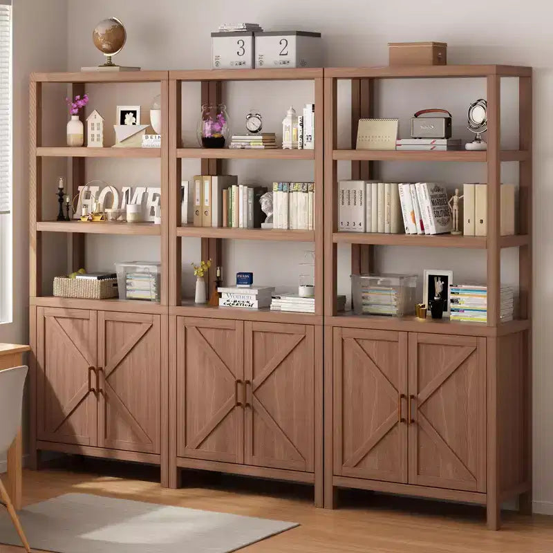 GustoWave Tier Bookshelf with Drawer, Large Farmhouse Display Book Shelf with Adjustable Shelves and Storage Cabinet, Library Wood Bookshelves,Brown