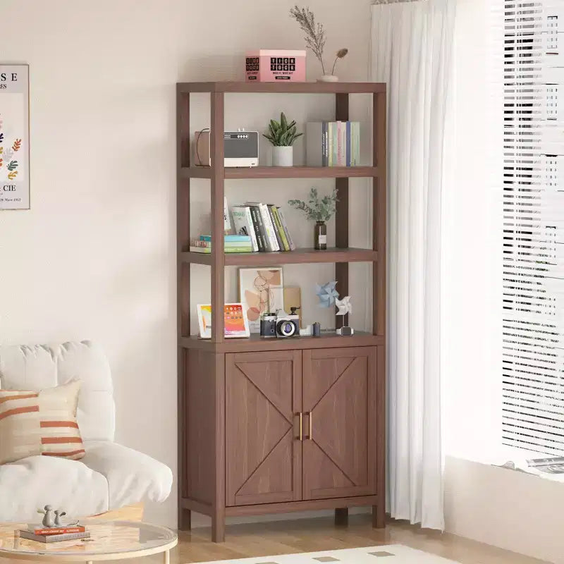 GustoWave Tier Bookshelf with Drawer, Large Farmhouse Display Book Shelf with Adjustable Shelves and Storage Cabinet, Library Wood Bookshelves,Brown