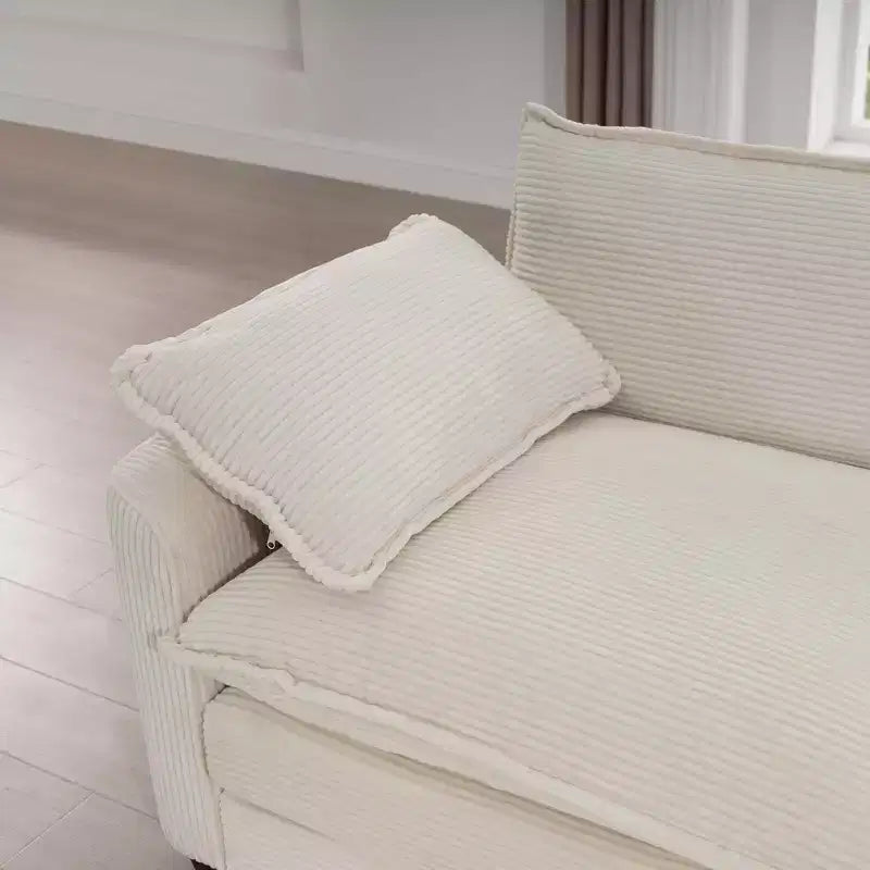 Mid-Century Modern Sofa 3-Seater Sectional Sofa with 2 Arm Pillows and 3 Throw Pillows, Light Beige Corduroy Fabric