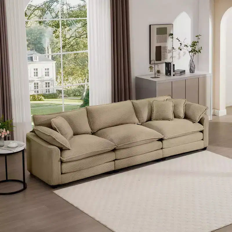 Mid-Century Modern Sofa 3-Seater Sectional Sofa with 2 Arm Pillows and 3 Throw Pillows, Light Beige Corduroy Fabric
