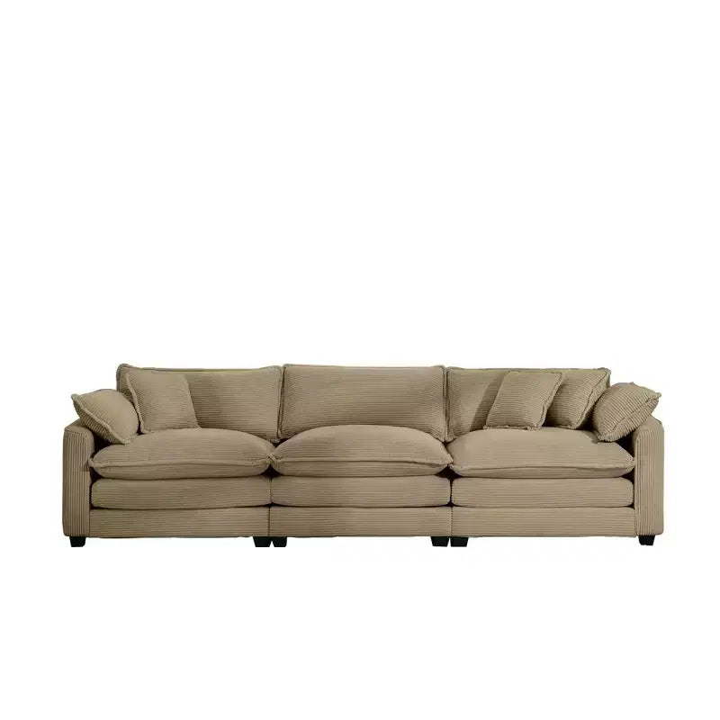 Mid-Century Modern Sofa 3-Seater Sectional Sofa with 2 Arm Pillows and 3 Throw Pillows, Light Beige Corduroy Fabric