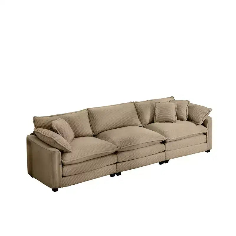 Mid-Century Modern Sofa 3-Seater Sectional Sofa with 2 Arm Pillows and 3 Throw Pillows, Light Beige Corduroy Fabric