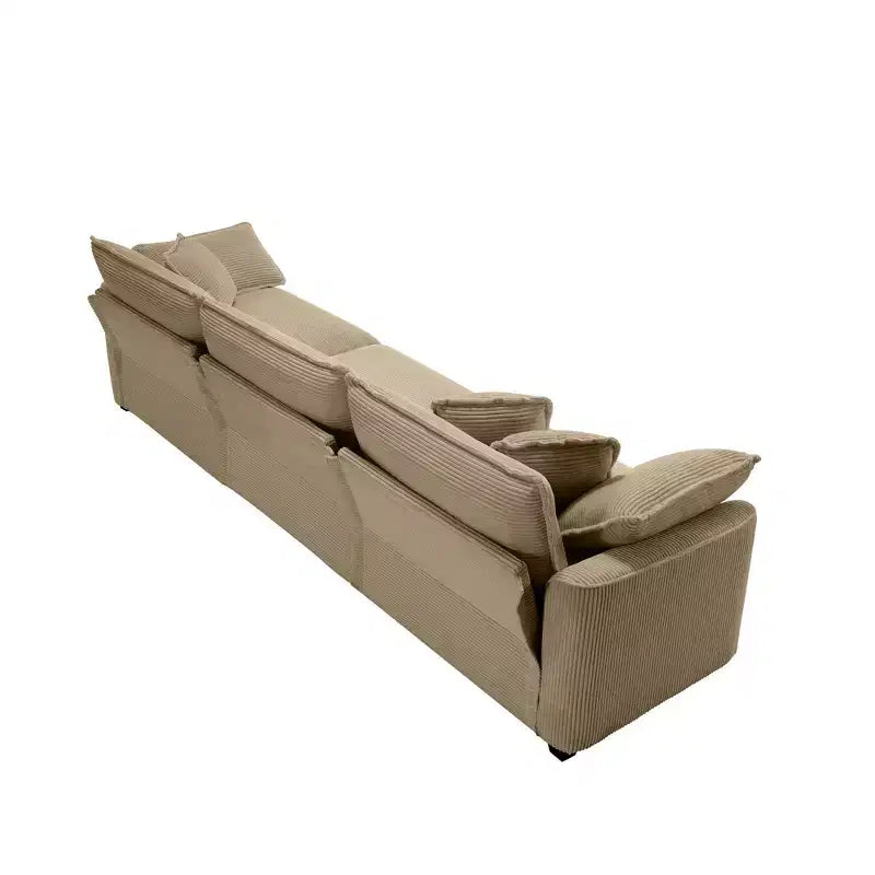 Mid-Century Modern Sofa 3-Seater Sectional Sofa with 2 Arm Pillows and 3 Throw Pillows, Light Beige Corduroy Fabric