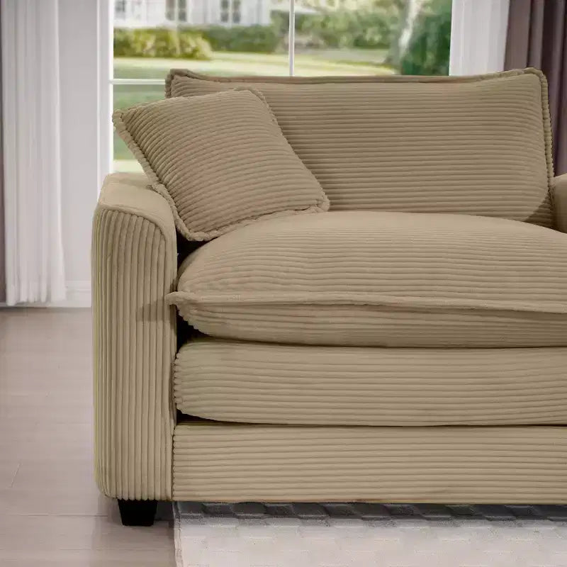 Mid-Century Modern Sofa 3-Seater Sectional Sofa with 2 Arm Pillows and 3 Throw Pillows, Light Beige Corduroy Fabric