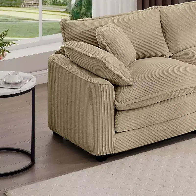 Mid-Century Modern Sofa 3-Seater Sectional Sofa with 2 Arm Pillows and 3 Throw Pillows, Light Beige Corduroy Fabric
