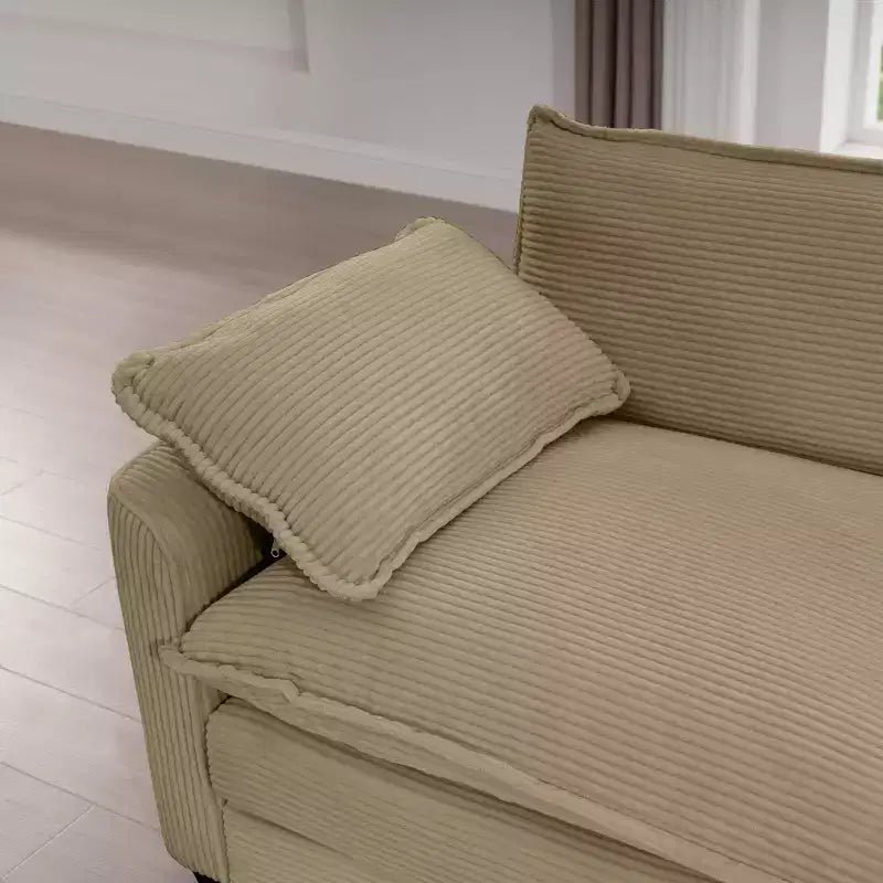 Mid-Century Modern Sofa 3-Seater Sectional Sofa with 2 Arm Pillows and 3 Throw Pillows, Light Beige Corduroy Fabric