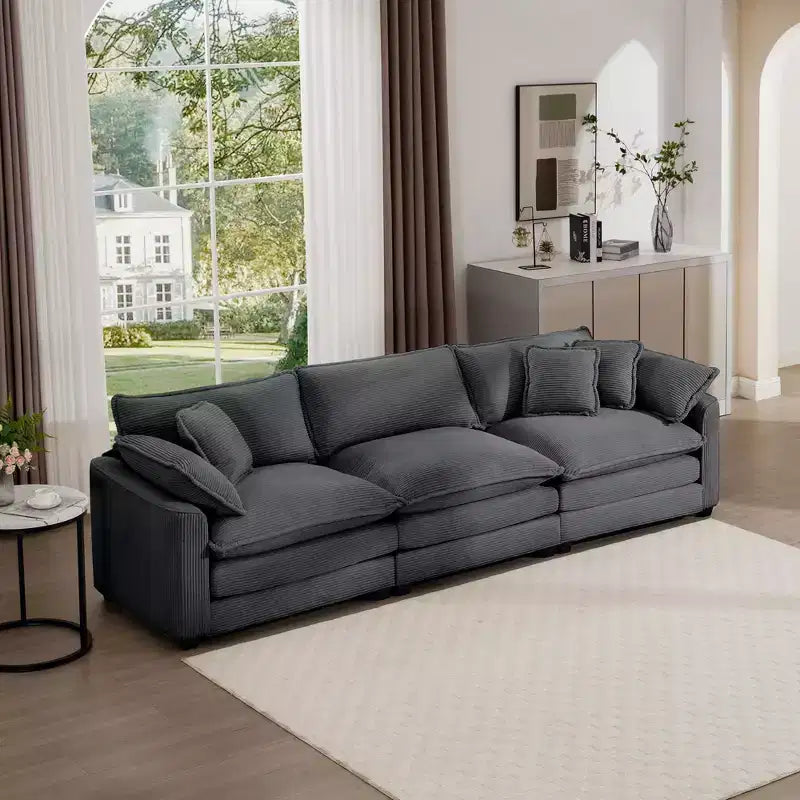 Mid-Century Modern Sofa 3-Seater Sectional Sofa with 2 Arm Pillows and 3 Throw Pillows, Light Beige Corduroy Fabric