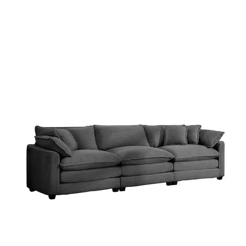 Mid-Century Modern Sofa 3-Seater Sectional Sofa with 2 Arm Pillows and 3 Throw Pillows, Light Beige Corduroy Fabric