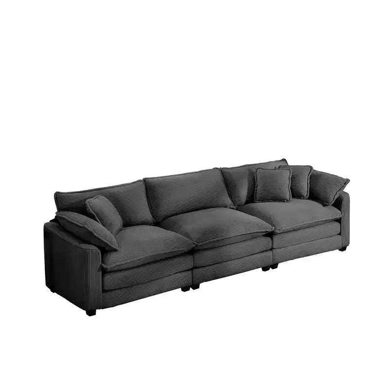 Mid-Century Modern Sofa 3-Seater Sectional Sofa with 2 Arm Pillows and 3 Throw Pillows, Light Beige Corduroy Fabric