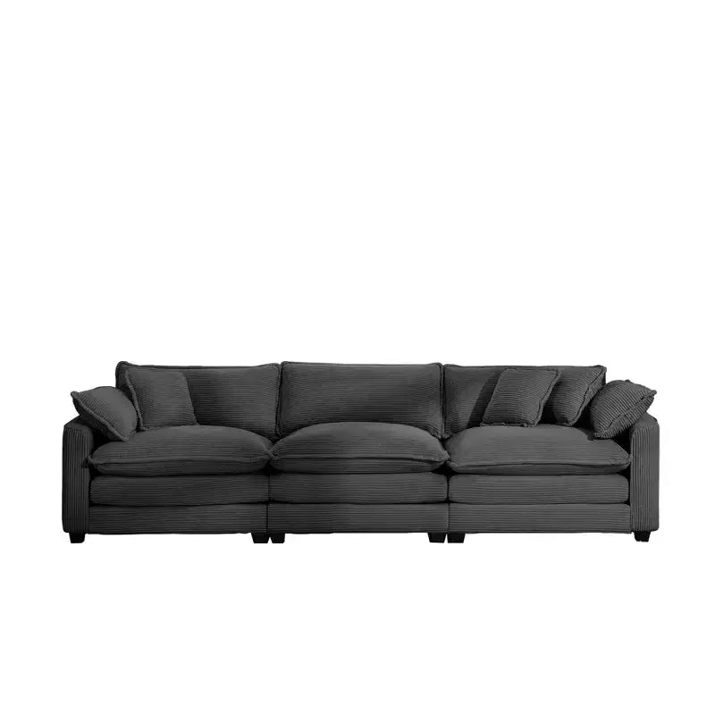 Mid-Century Modern Sofa 3-Seater Sectional Sofa with 2 Arm Pillows and 3 Throw Pillows, Light Beige Corduroy Fabric