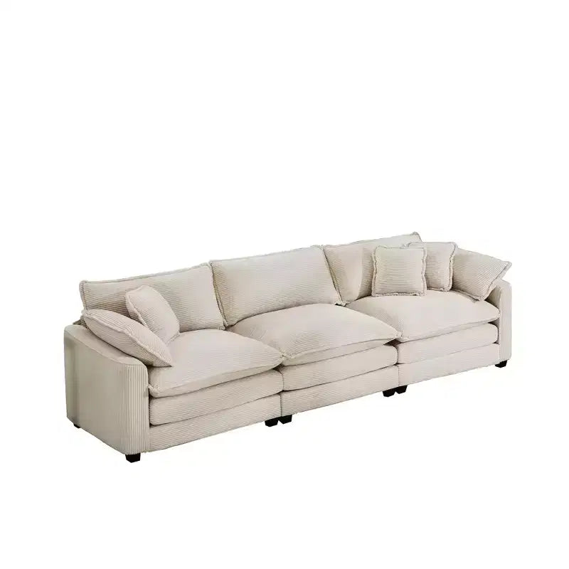 Mid-Century Modern Sofa 3-Seater Sectional Sofa with 2 Arm Pillows and 3 Throw Pillows, Light Beige Corduroy Fabric