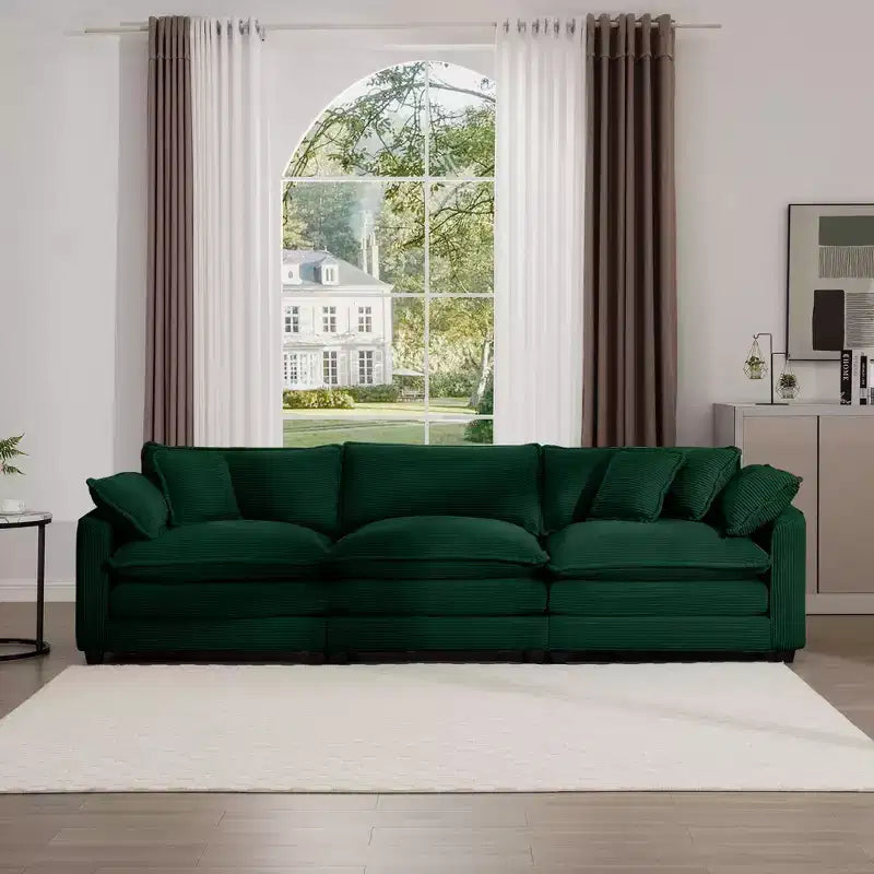 Mid-Century Modern Sofa 3-Seater Sectional Sofa with 2 Arm Pillows and 3 Throw Pillows, Light Beige Corduroy Fabric