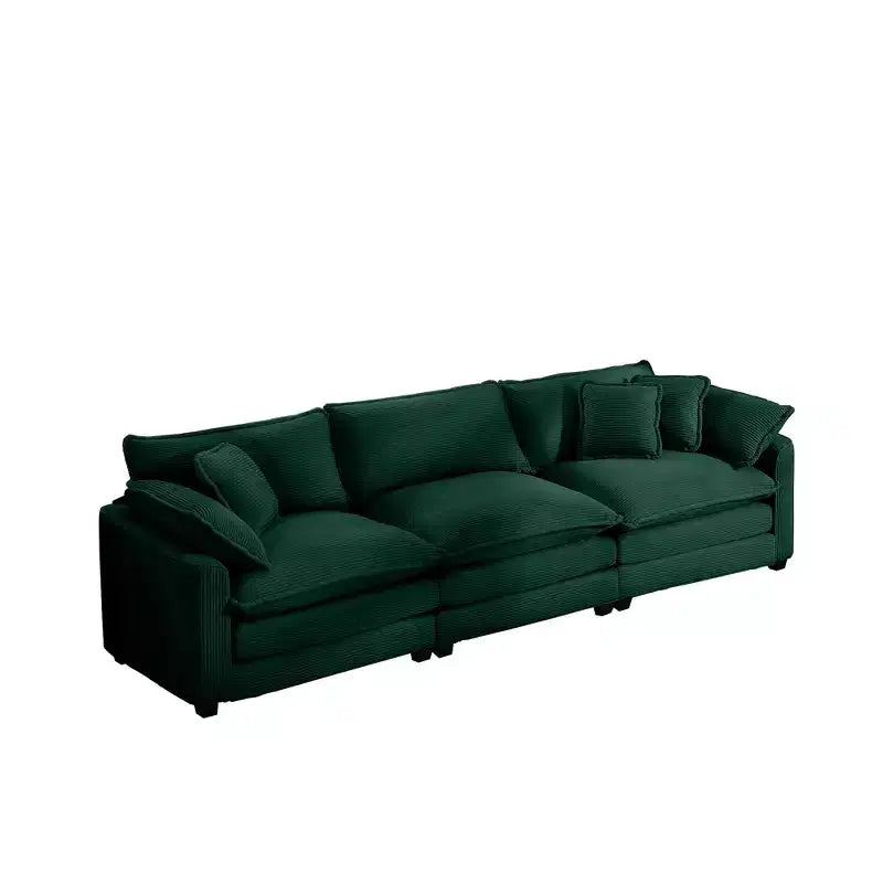 Mid-Century Modern Sofa 3-Seater Sectional Sofa with 2 Arm Pillows and 3 Throw Pillows, Light Beige Corduroy Fabric