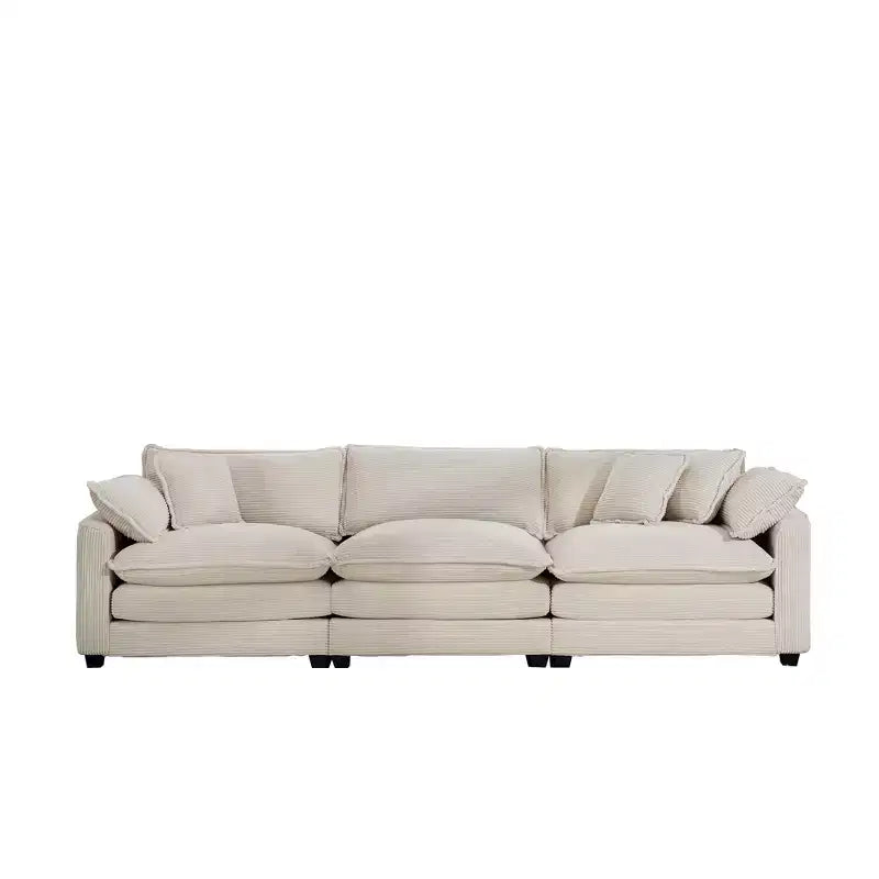 Mid-Century Modern Sofa 3-Seater Sectional Sofa with 2 Arm Pillows and 3 Throw Pillows, Light Beige Corduroy Fabric