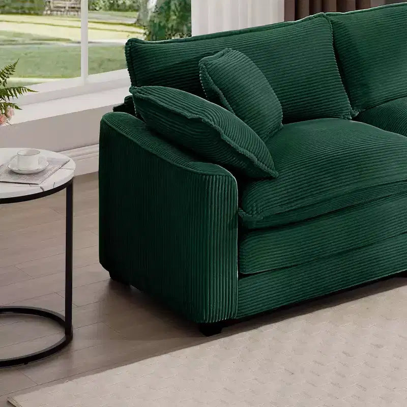 Mid-Century Modern Sofa 3-Seater Sectional Sofa with 2 Arm Pillows and 3 Throw Pillows, Light Beige Corduroy Fabric