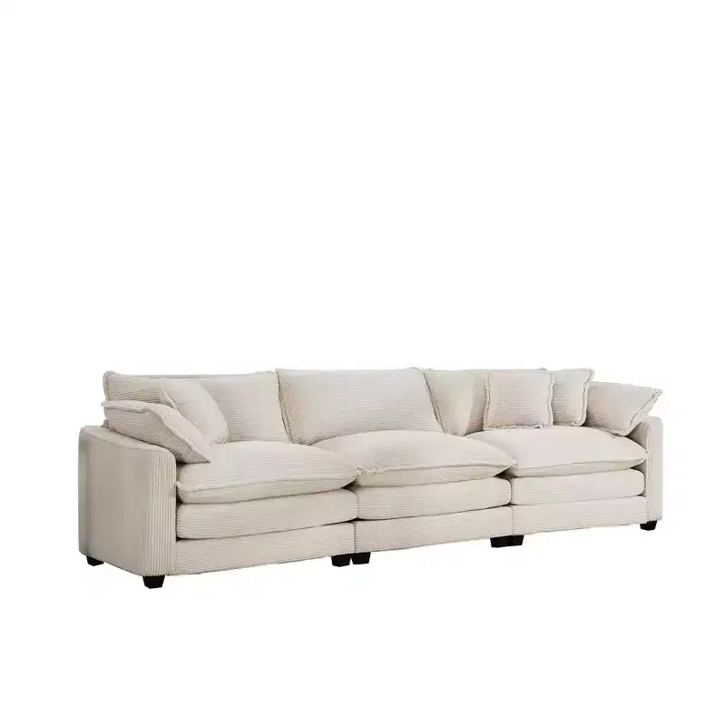 Mid-Century Modern Sofa 3-Seater Sectional Sofa with 2 Arm Pillows and 3 Throw Pillows, Light Beige Corduroy Fabric