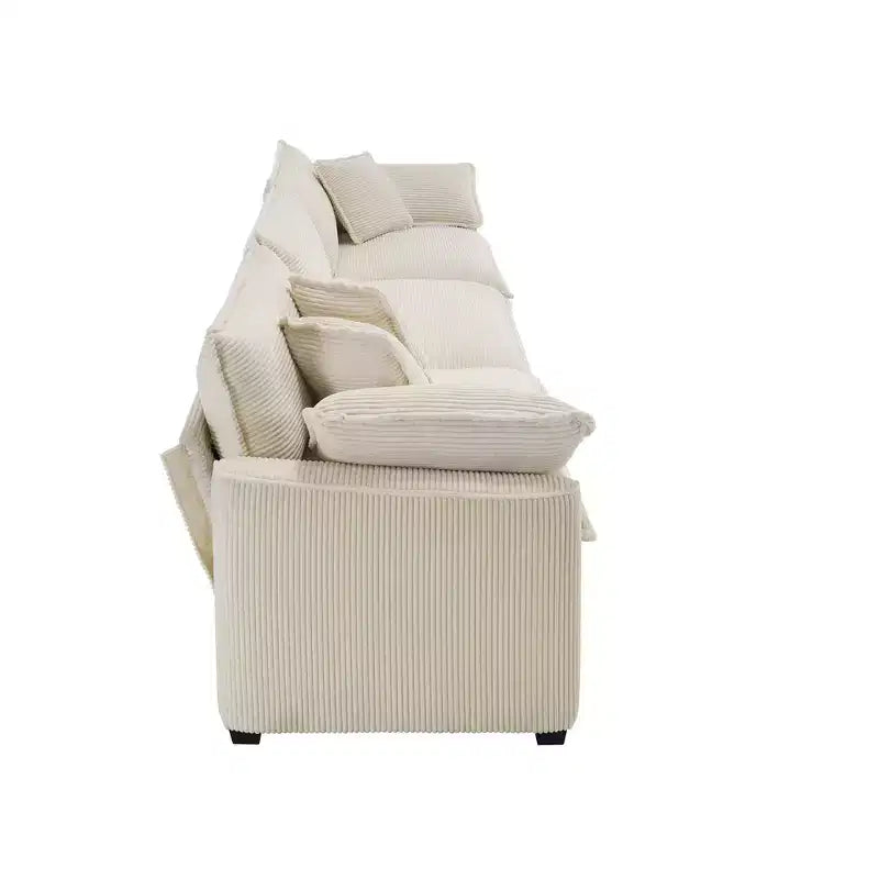 Mid-Century Modern Sofa 3-Seater Sectional Sofa with 2 Arm Pillows and 3 Throw Pillows, Light Beige Corduroy Fabric