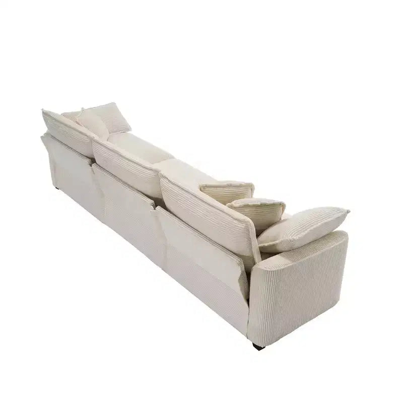 Mid-Century Modern Sofa 3-Seater Sectional Sofa with 2 Arm Pillows and 3 Throw Pillows, Light Beige Corduroy Fabric
