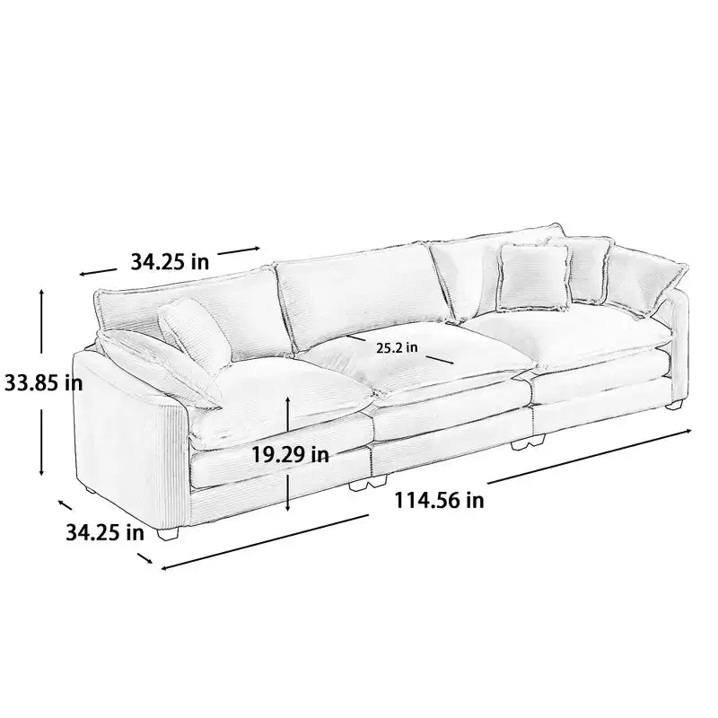 Mid-Century Modern Sofa 3-Seater Sectional Sofa with 2 Arm Pillows and 3 Throw Pillows, Light Beige Corduroy Fabric
