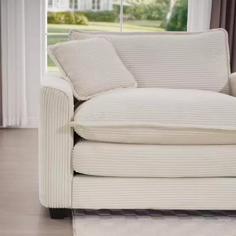 Mid-Century Modern Sofa 3-Seater Sectional Sofa with 2 Arm Pillows and 3 Throw Pillows, Light Beige Corduroy Fabric