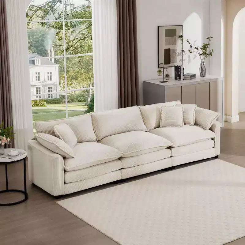 Mid-Century Modern Sofa 3-Seater Sectional Sofa with 2 Arm Pillows and 3 Throw Pillows, Light Beige Corduroy Fabric